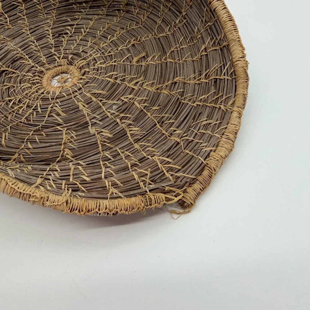 Vtg Handmade Pine Needle Gathering Basket Wrapped Handle Southern Folk Art Decor
